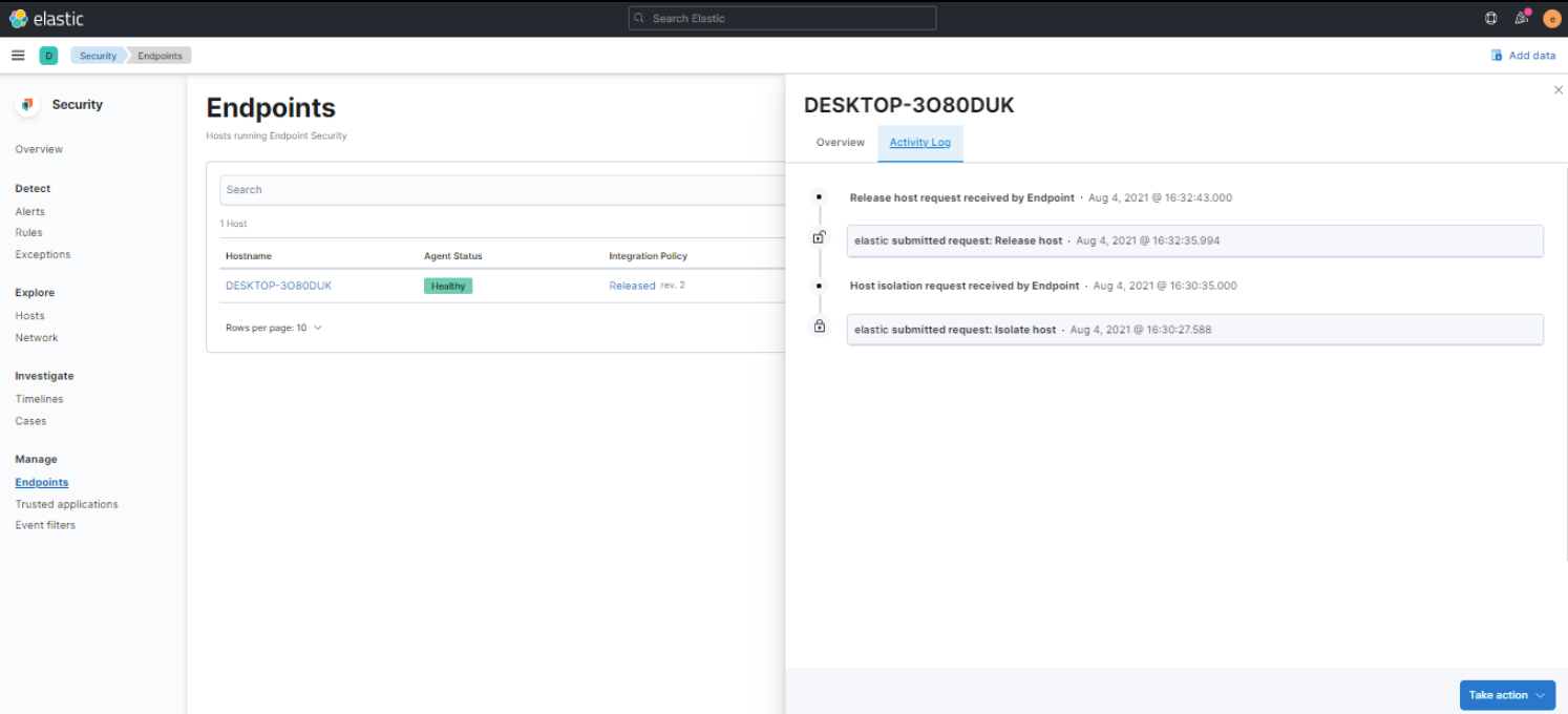 Shows the activity log of an isolated host