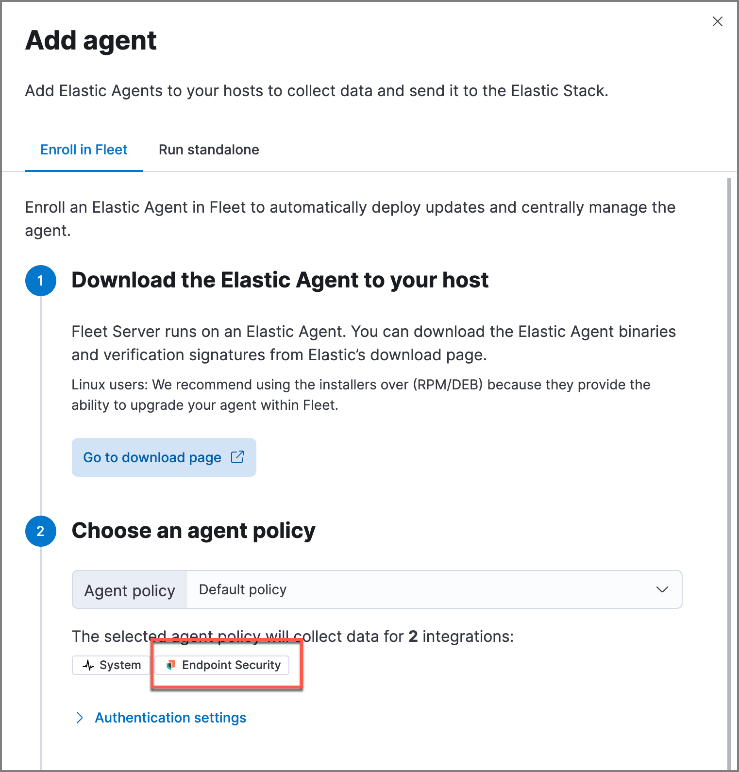 Detail of Add agent flyout with Endpoint Security integration highlighted.