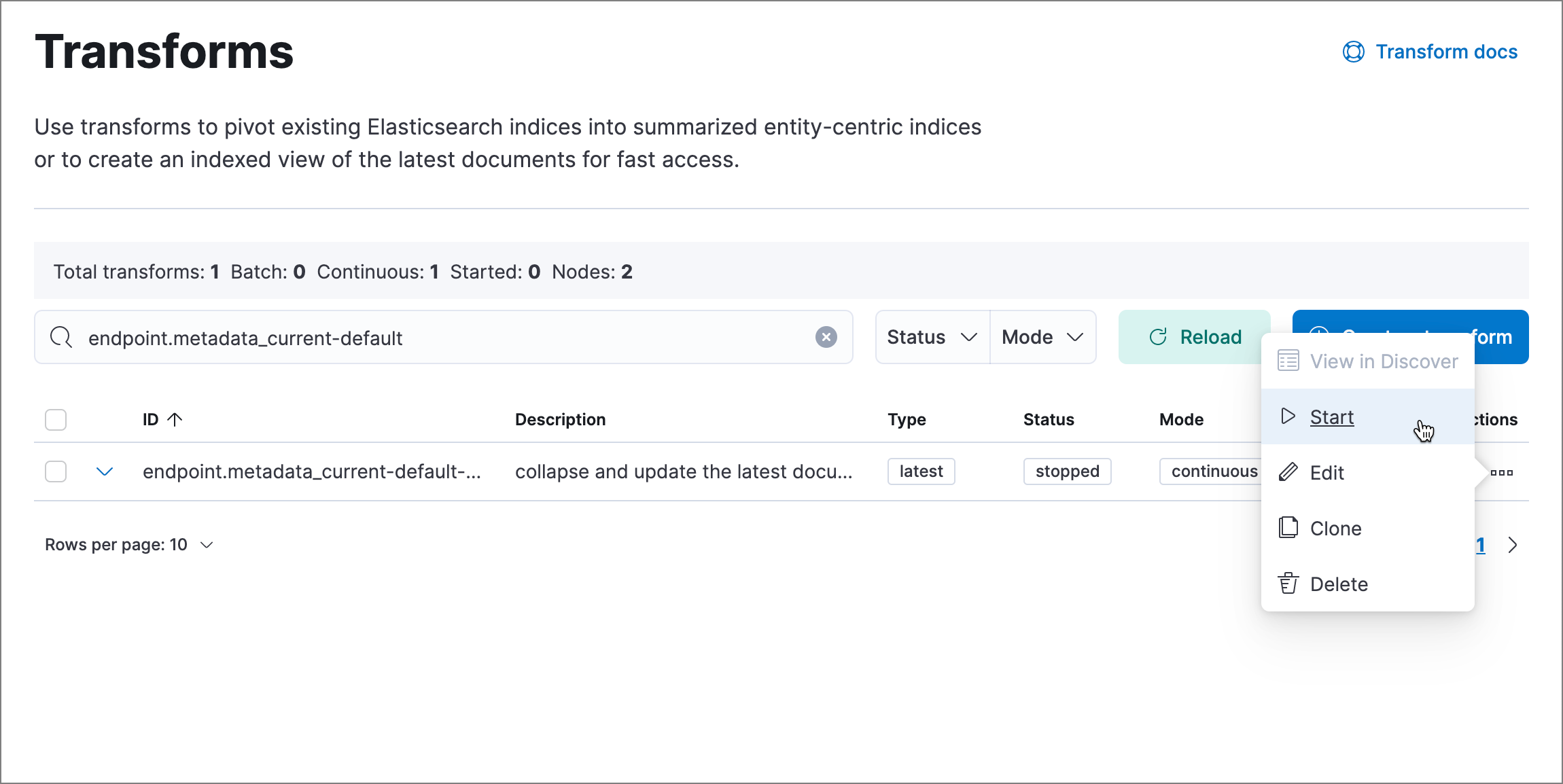 Transforms page with Start option selected