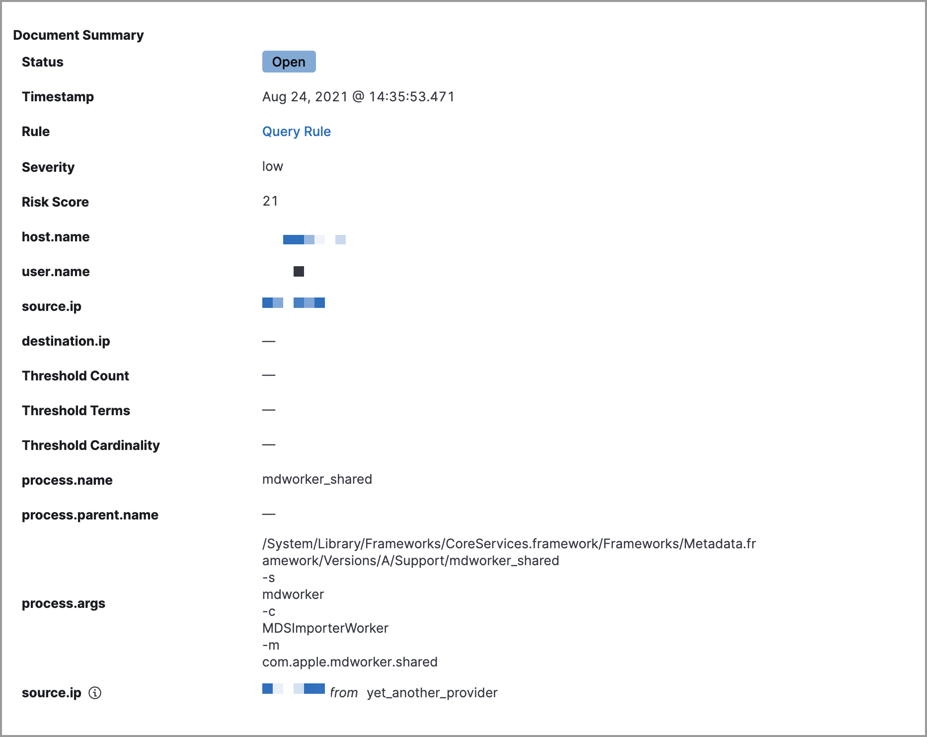 Shows the Document Summary section of an alert