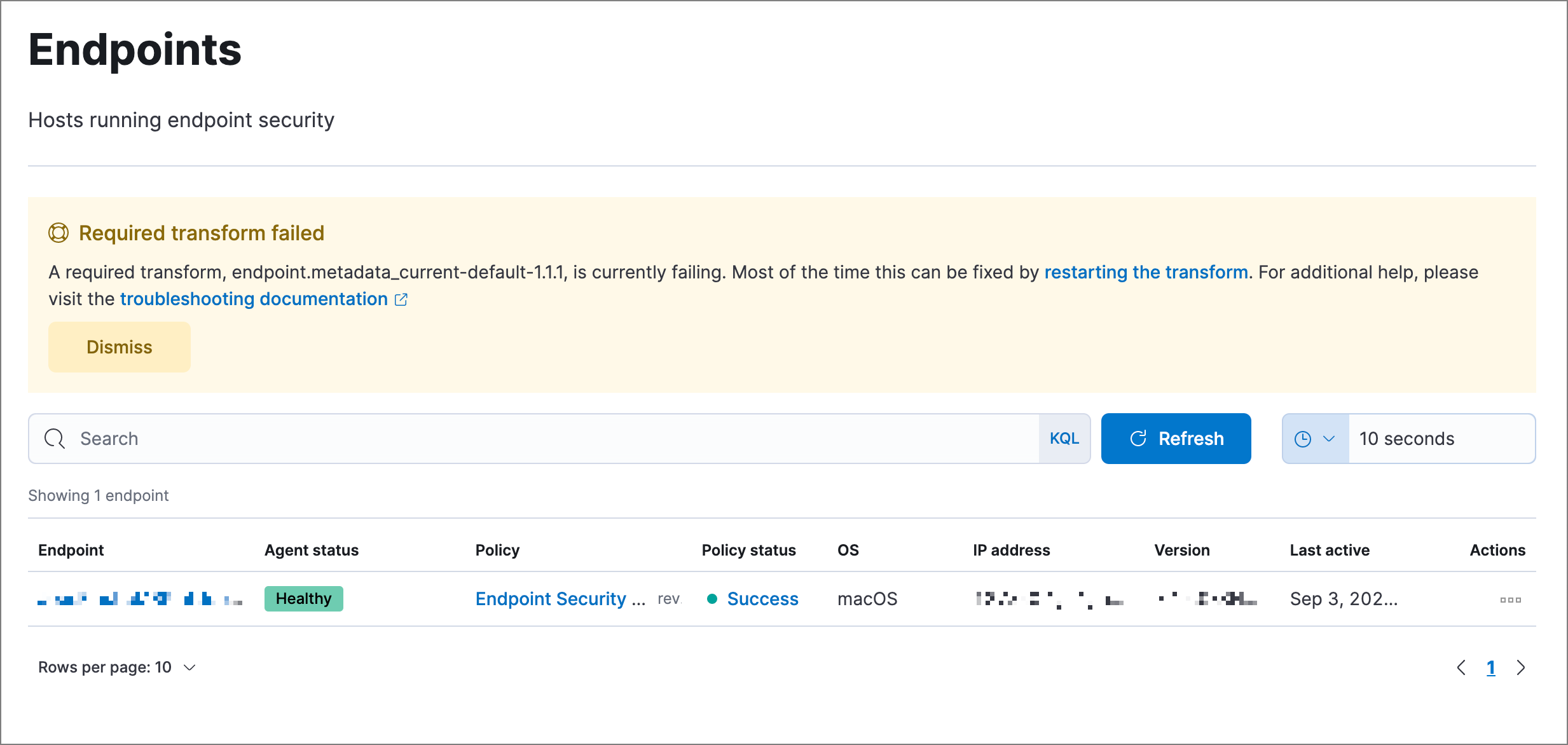 Endpoints page with Required transform failed notice