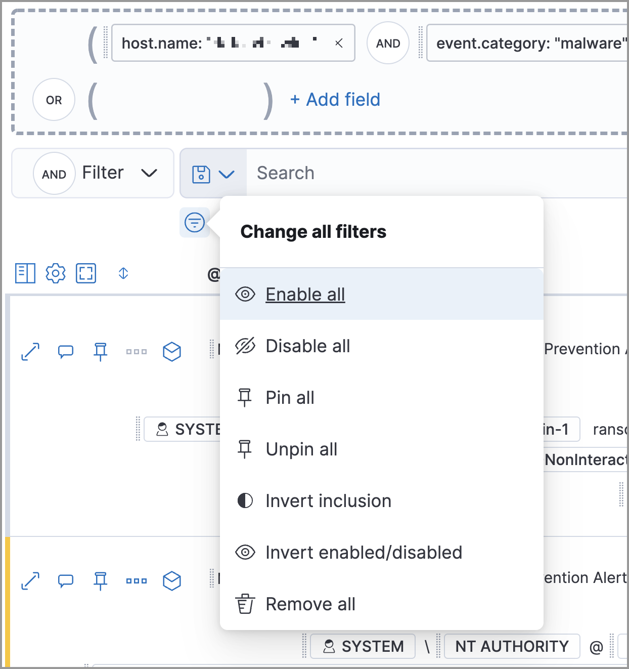 timeline ui filter options