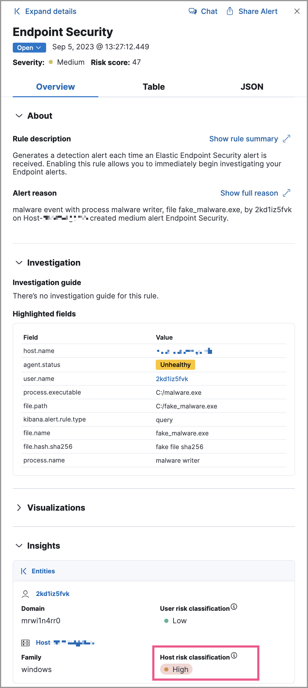 Host risk score in alert details flyout