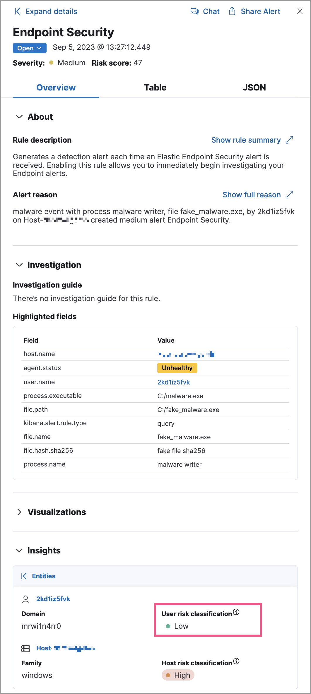 User risk score in alert details flyout