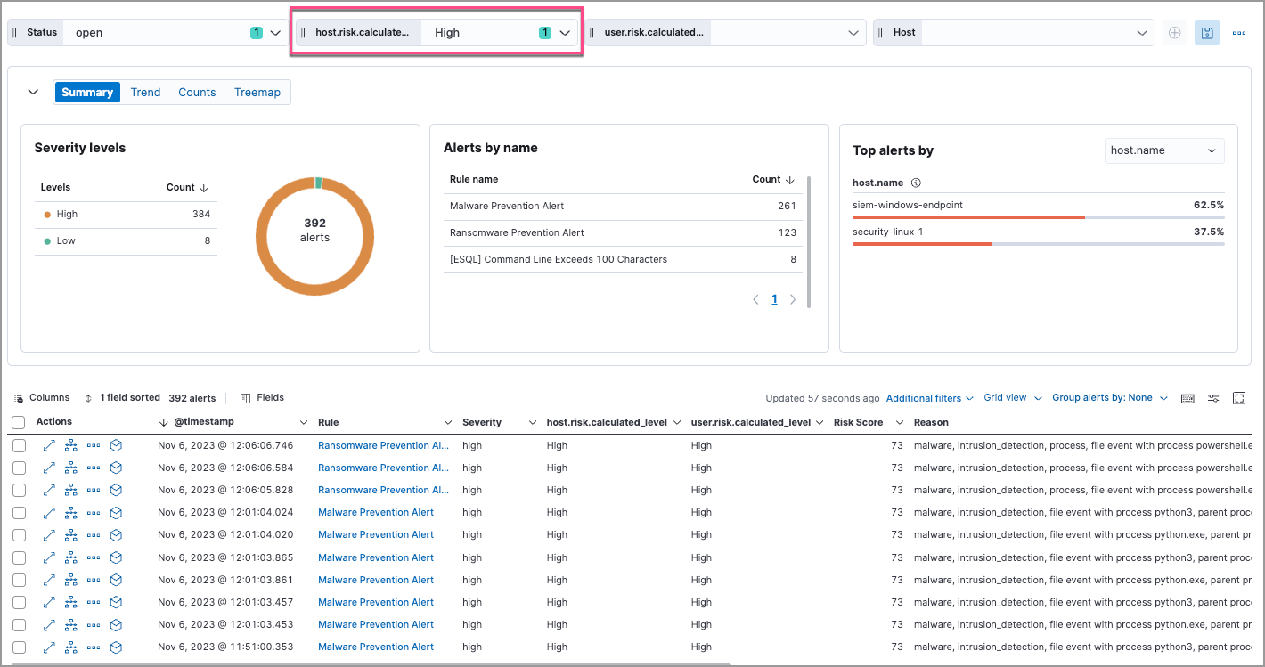 Alerts filtered by high host risk level