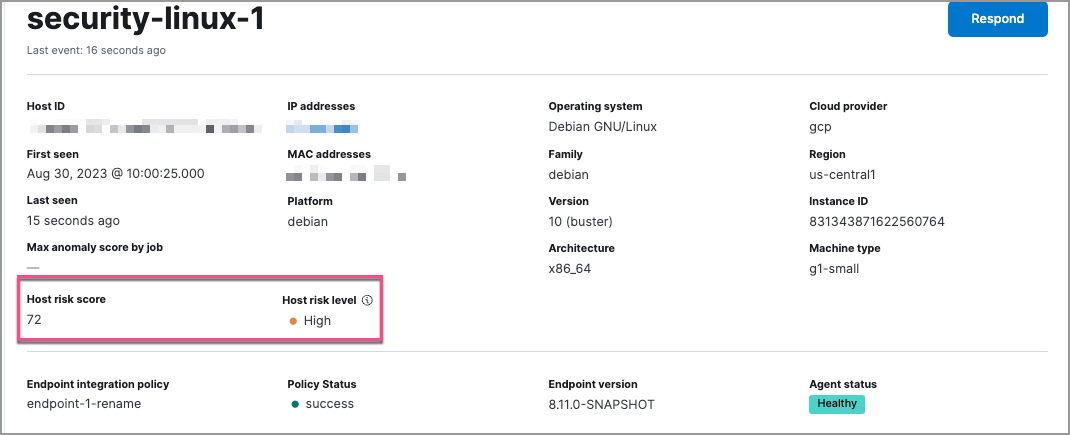 Host risk data in the Overview section of the host details page