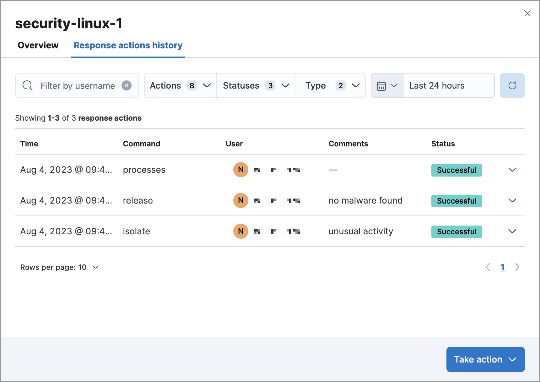 Response actions history page UI