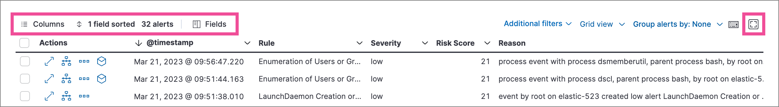 Alerts table with toolbar buttons highlighted