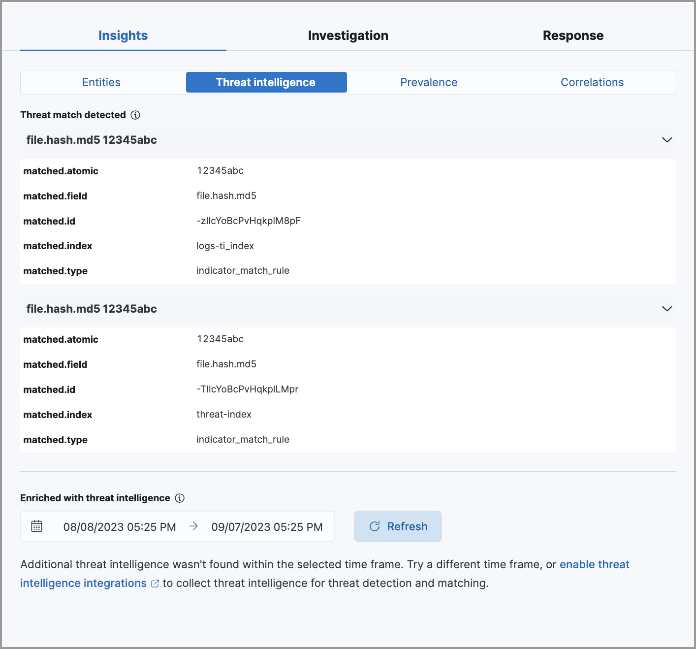 Expanded view of threat intelligence on the alert