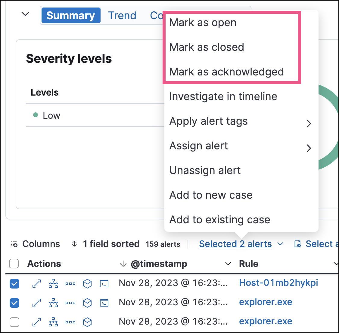 Bulk action menu with multiple alerts selected