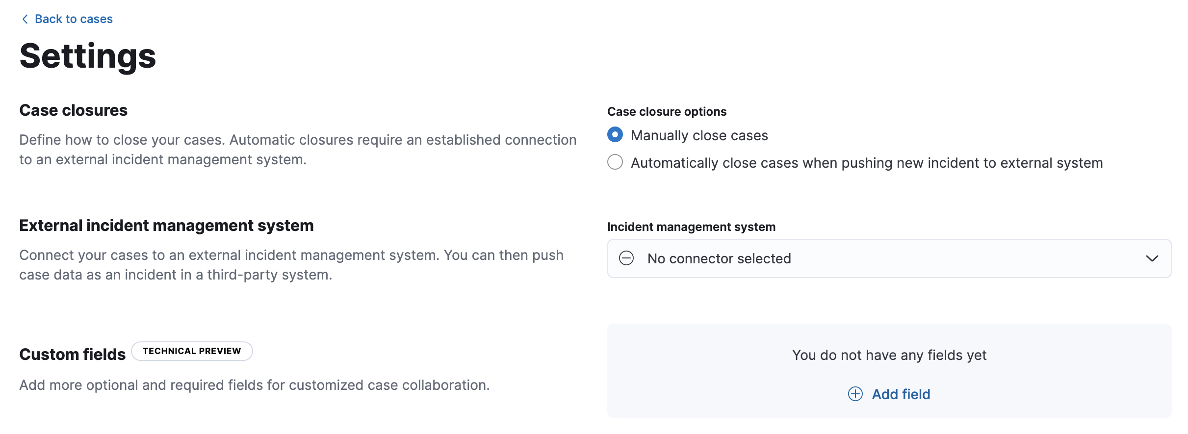 Shows the case settings page