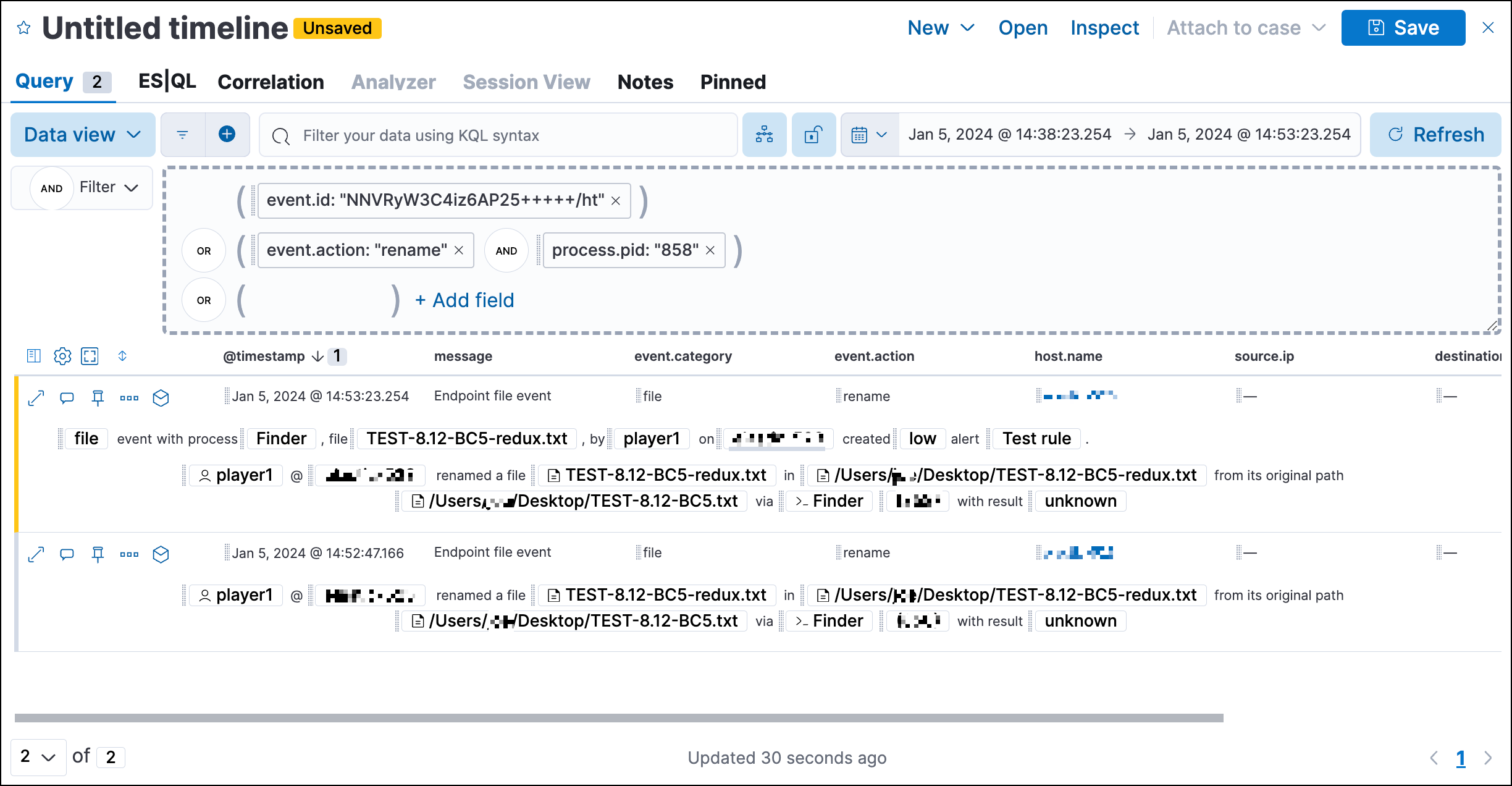 Timeline with query pre-loaded from investigation guide action