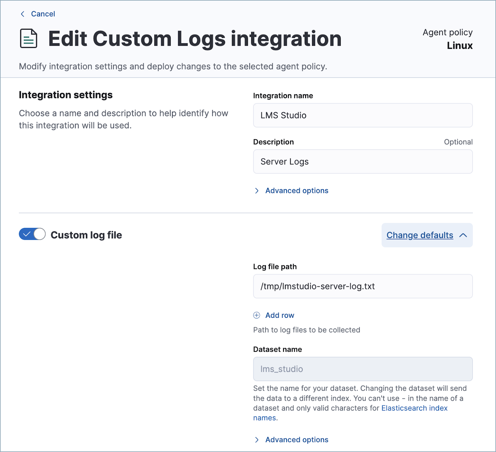 The configuration window for the custom logs integration