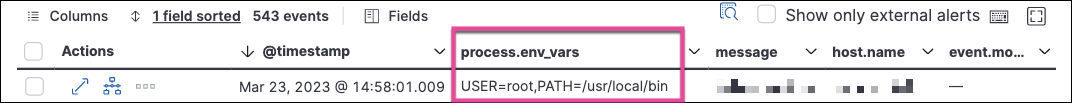 The Events table with the "process.env_vars" column highlighted