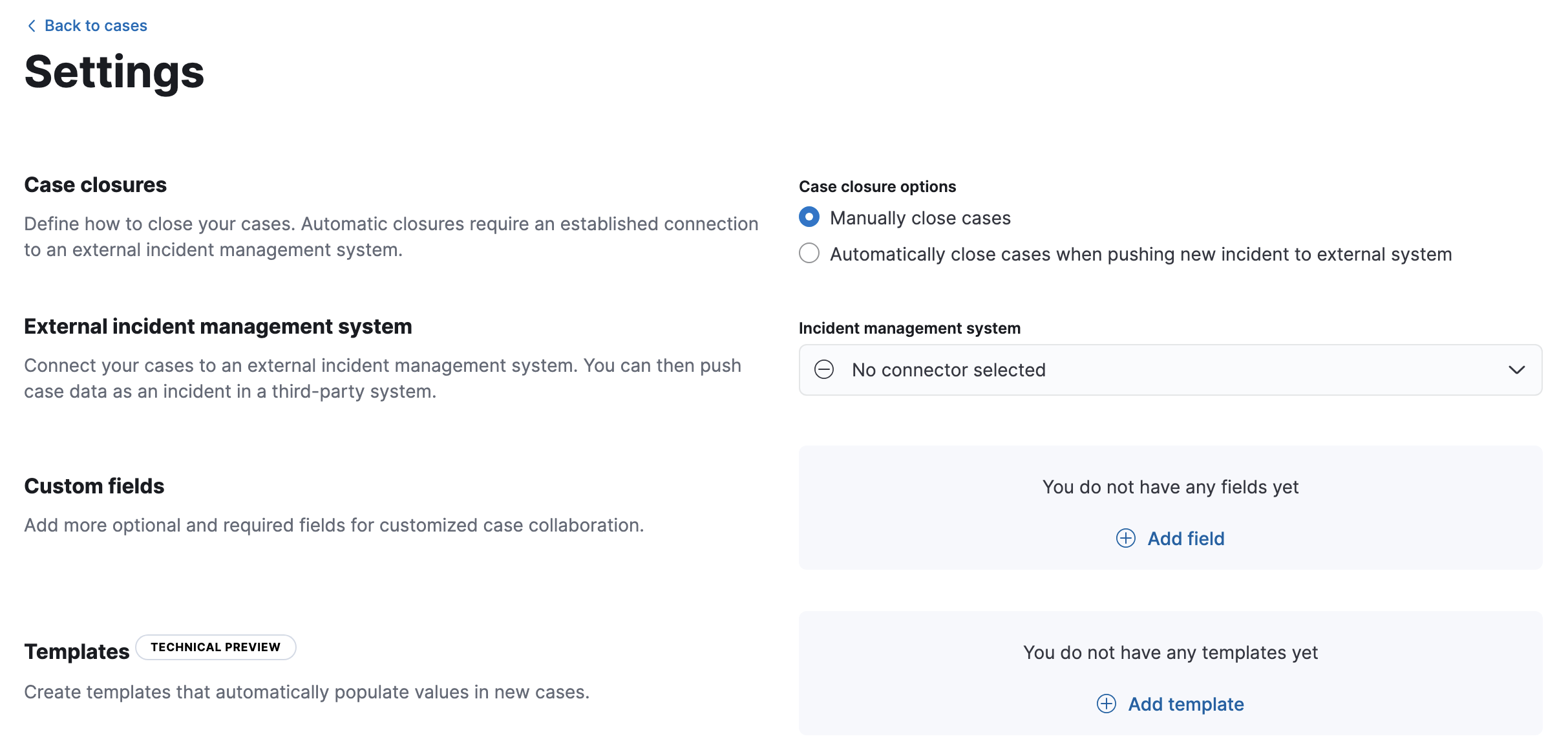 Shows the case settings page