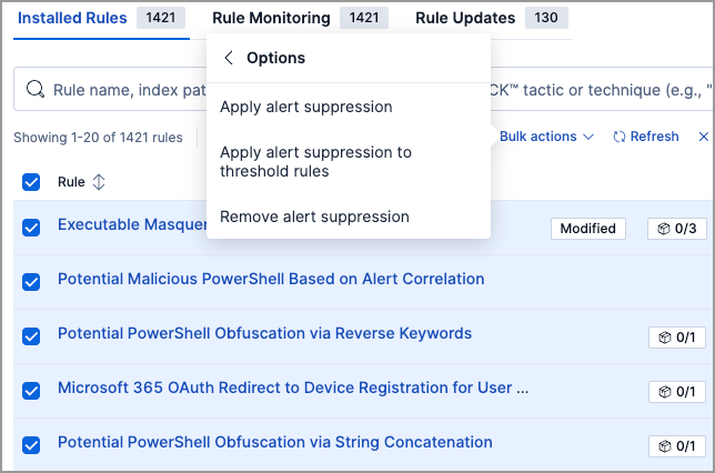 Bulk alert suppression options on Rules page