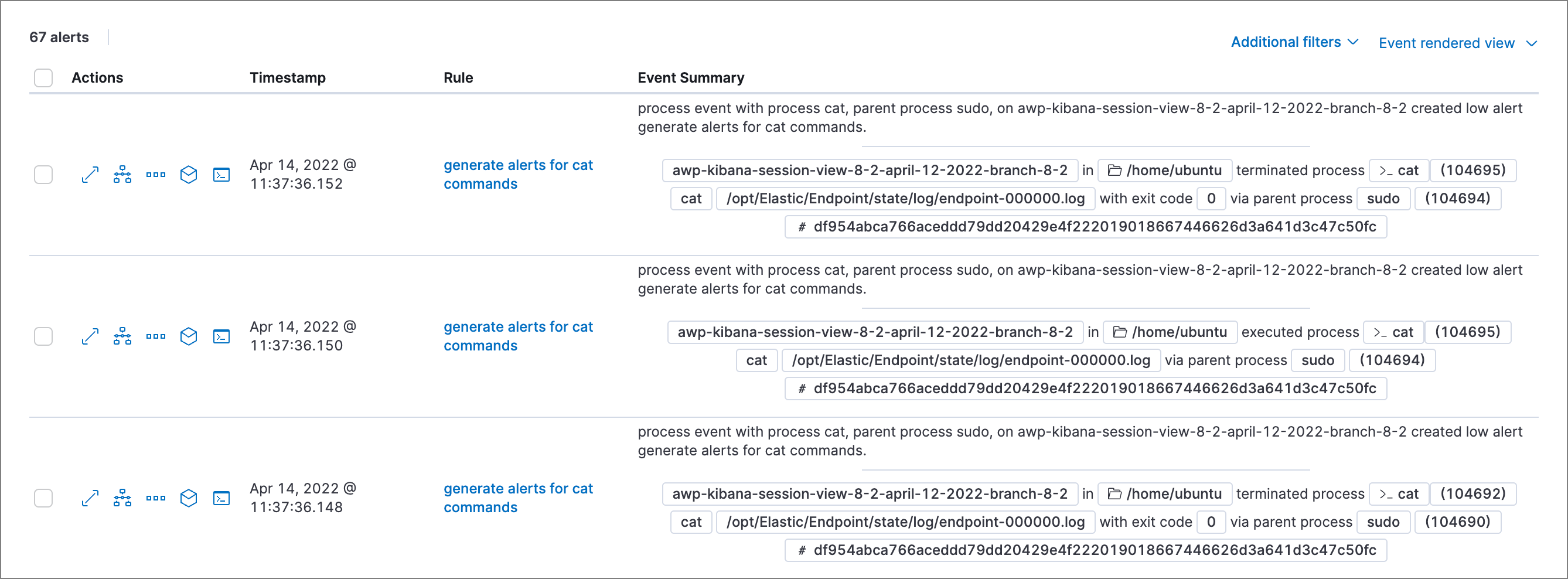 Shows the Alerts table with the Event rendered view enabled