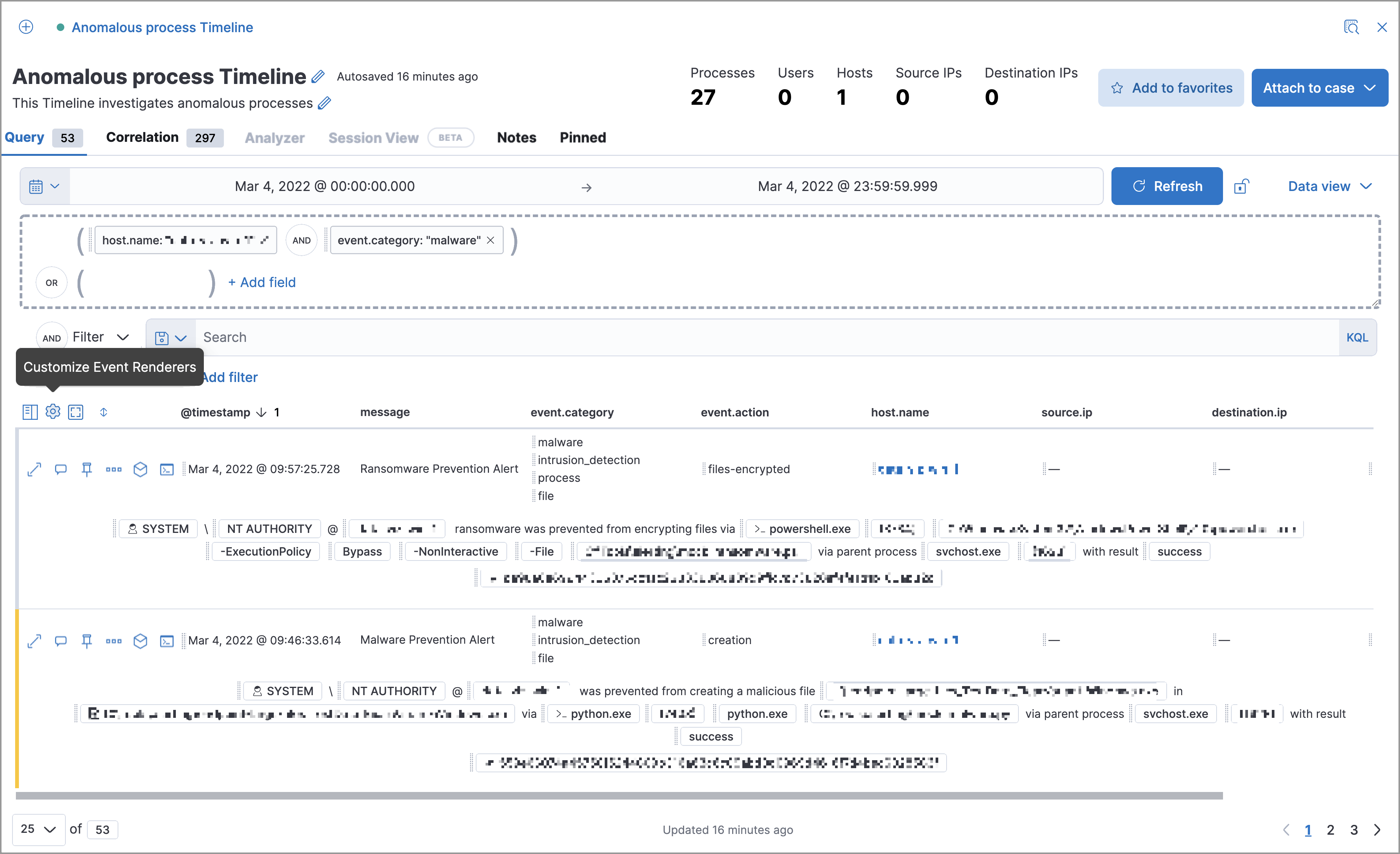 example timeline with the event renderer highlighted