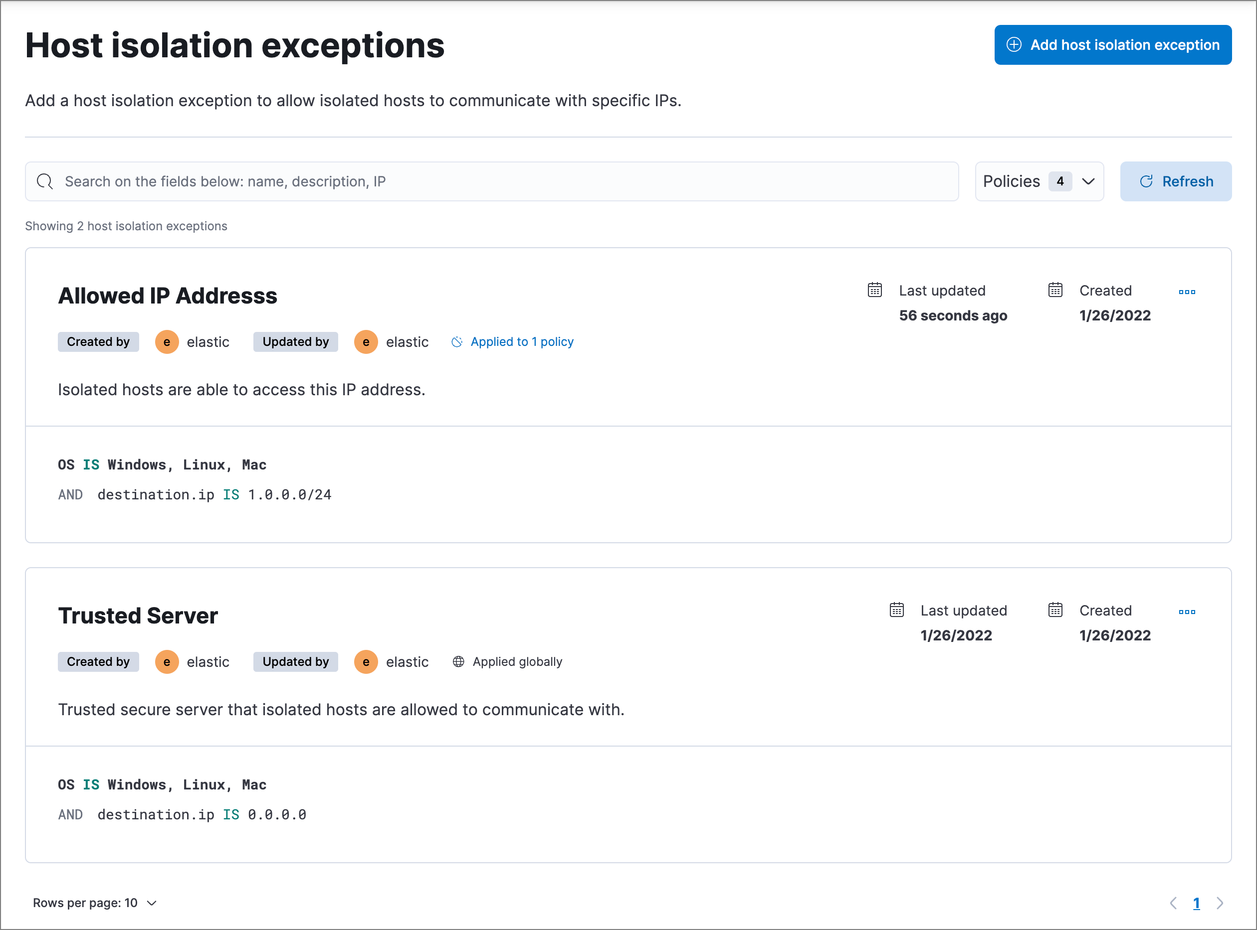 Shows the Host isolation exceptions page