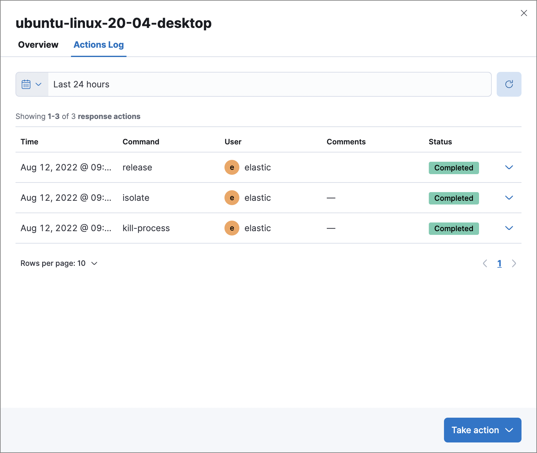 Actions log with a few past actions