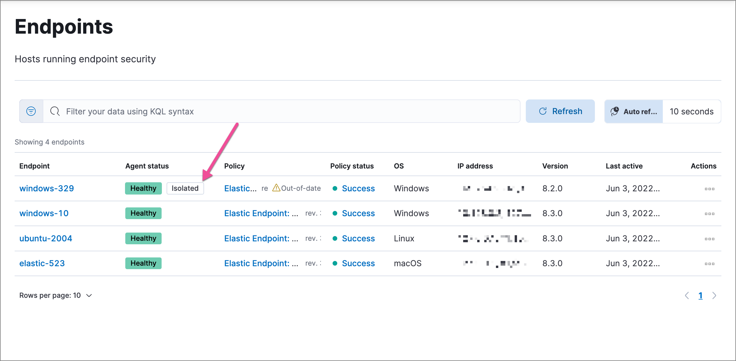 Endpoint page highlighting a host that’s been isolated