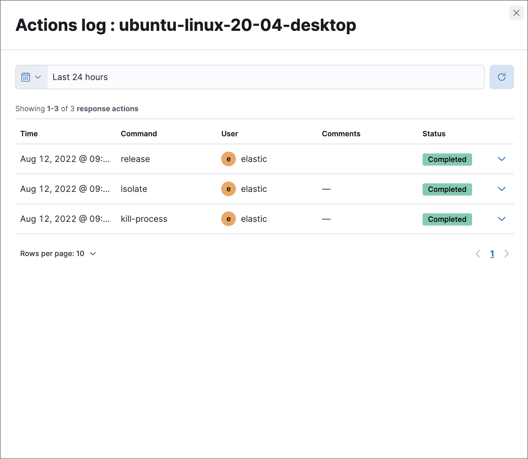 Actions log with a few past actions