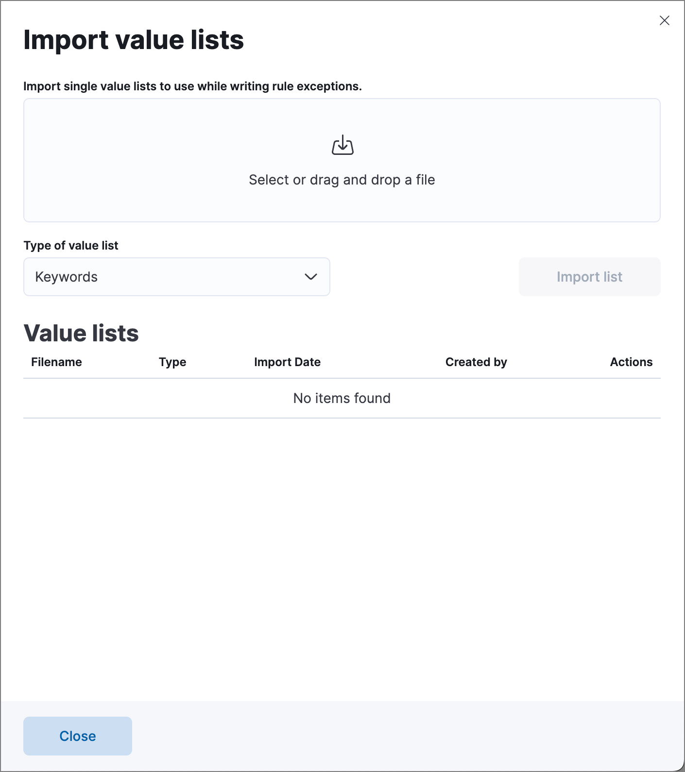 Import value lists flyout