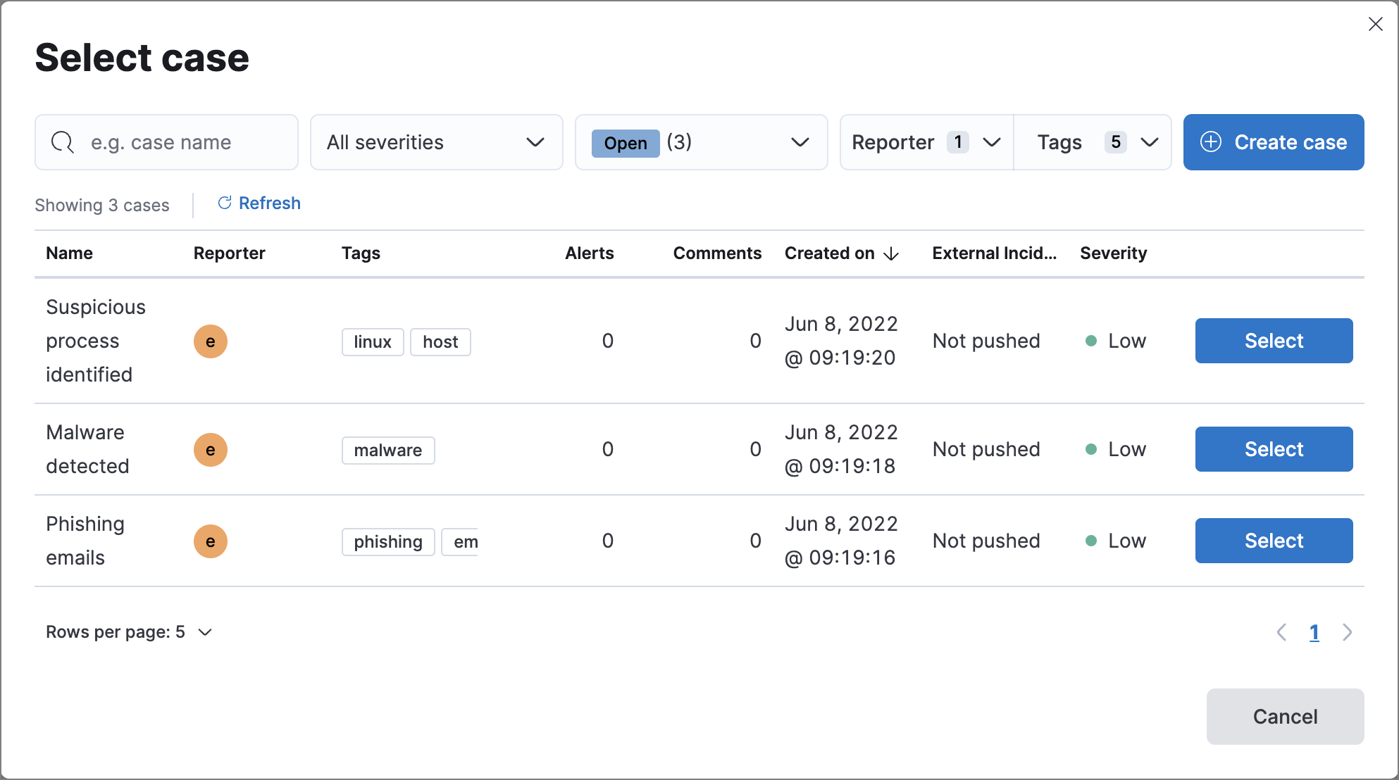 Select case dialog listing existing cases