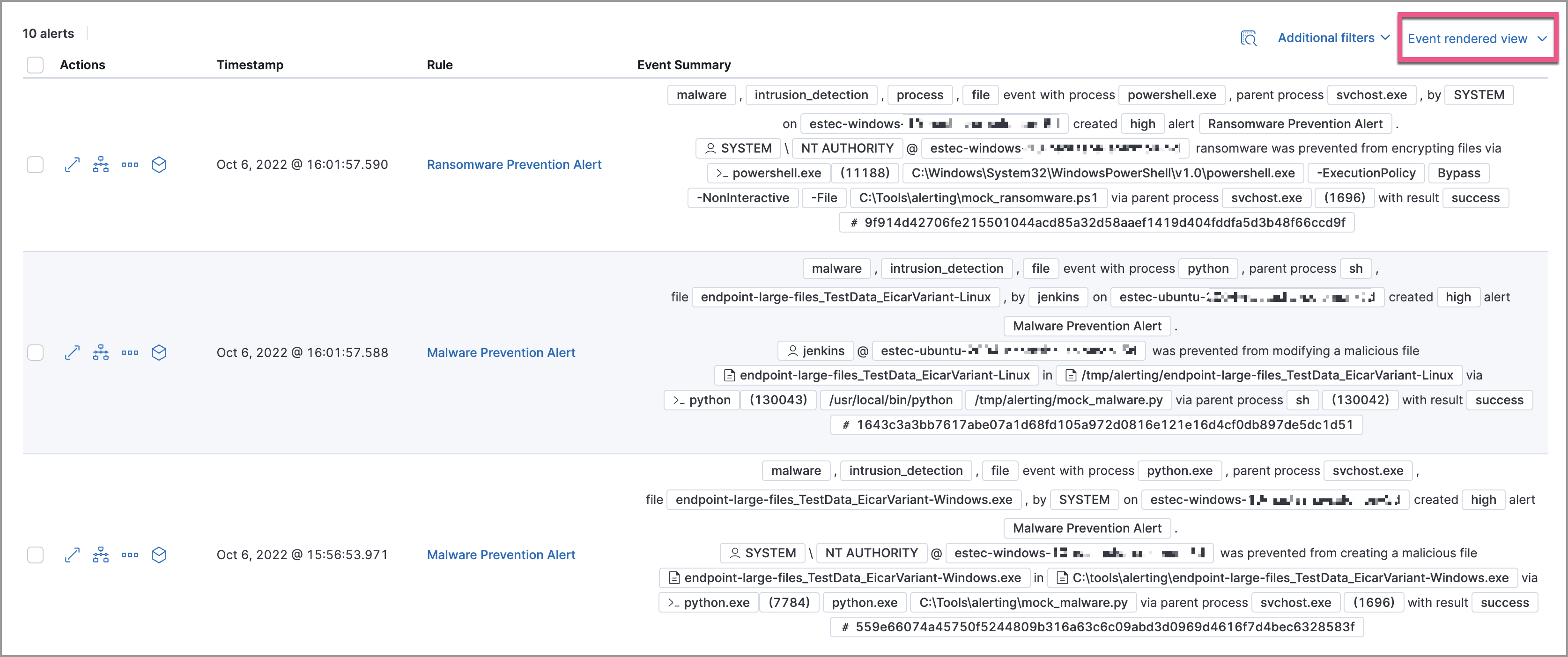 Alerts table with the Event rendered view enabled