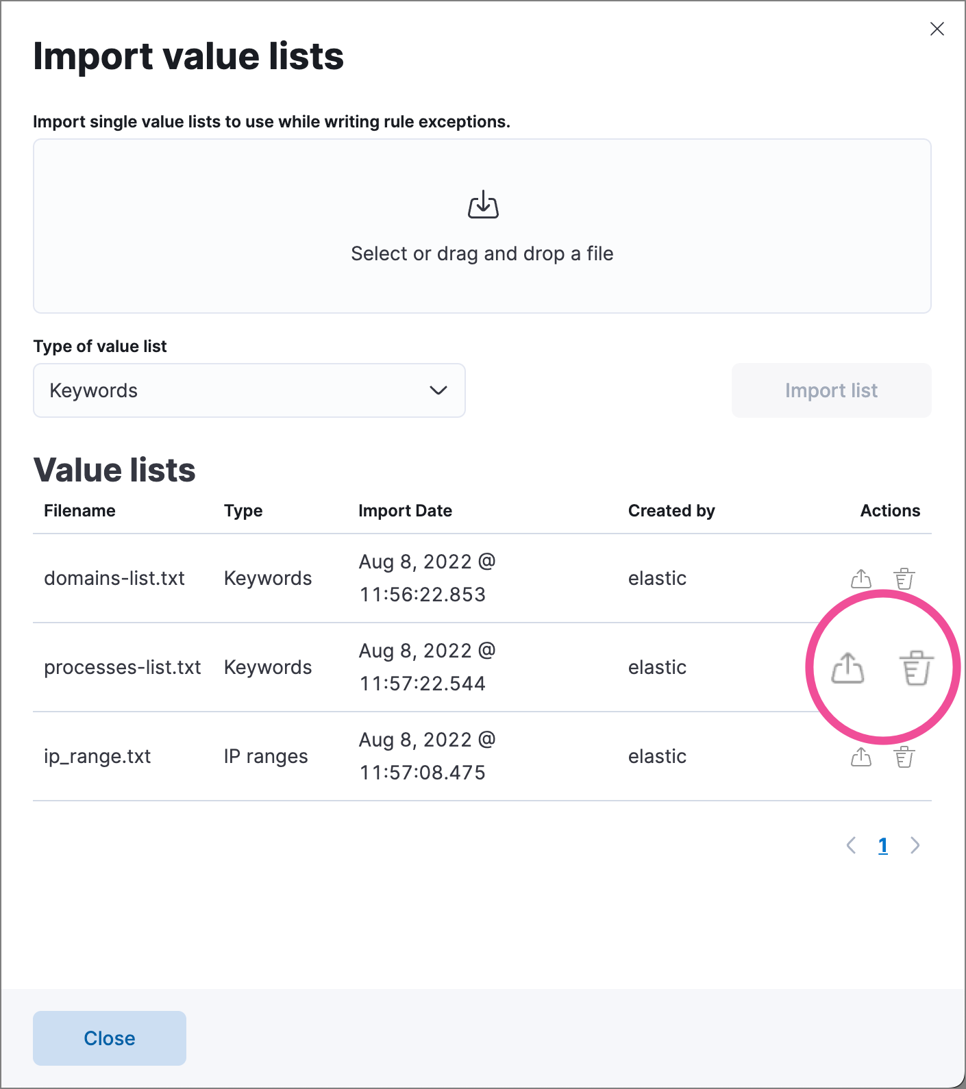 Import value list flyout with action buttons highlighted