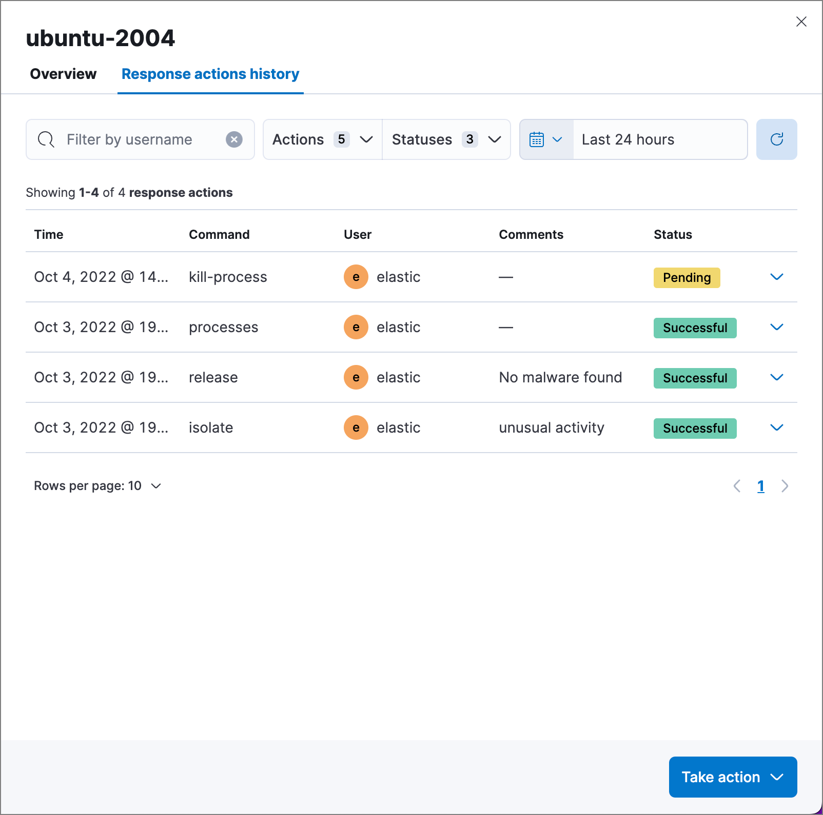 Response actions history with a few past actions