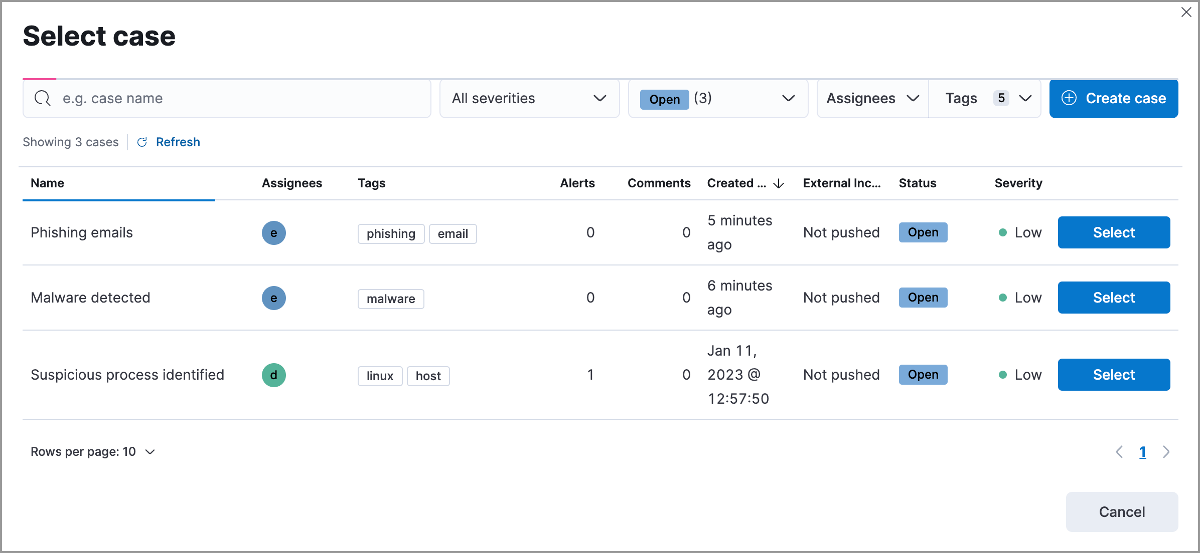 Select case dialog listing existing cases