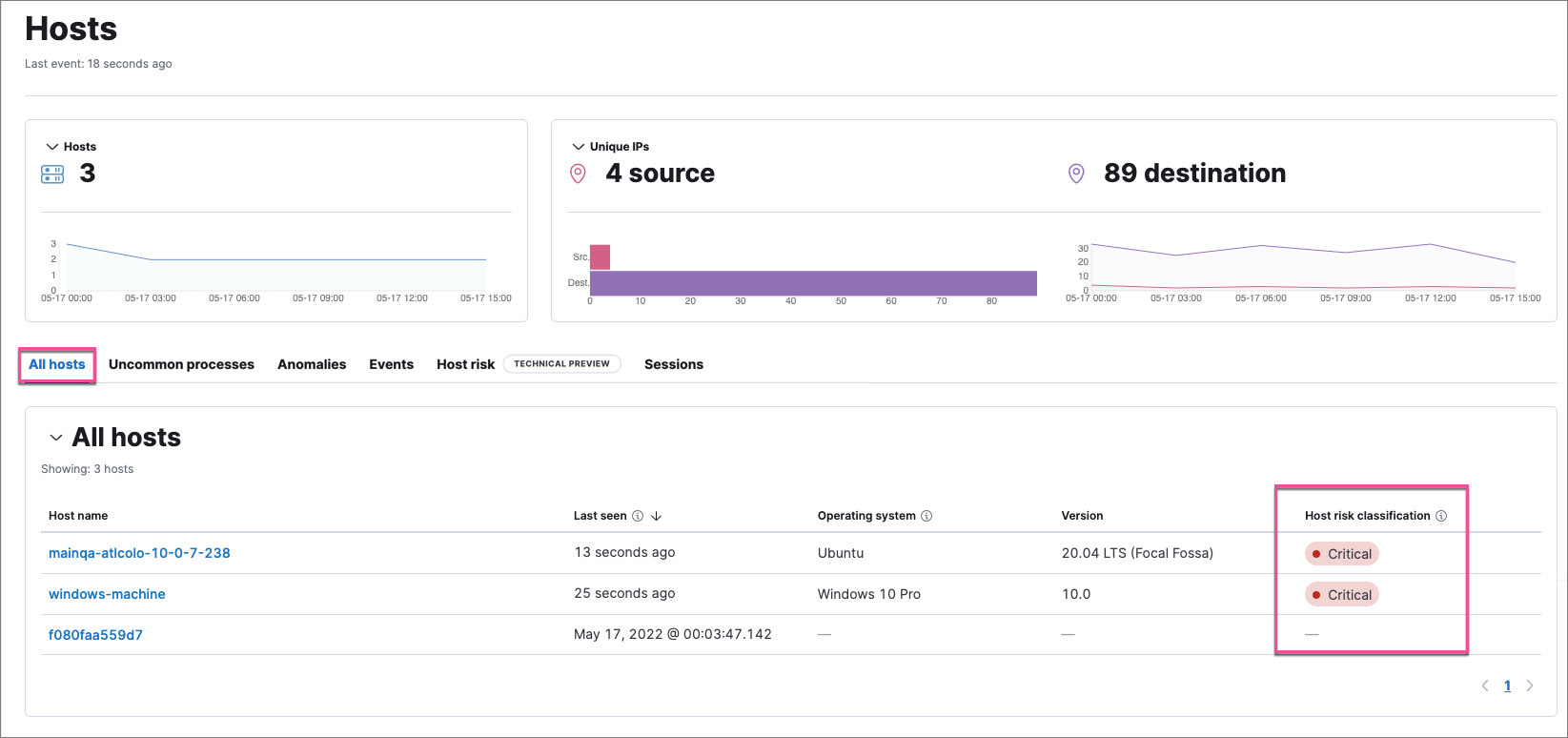 Host risk score on the Hosts page