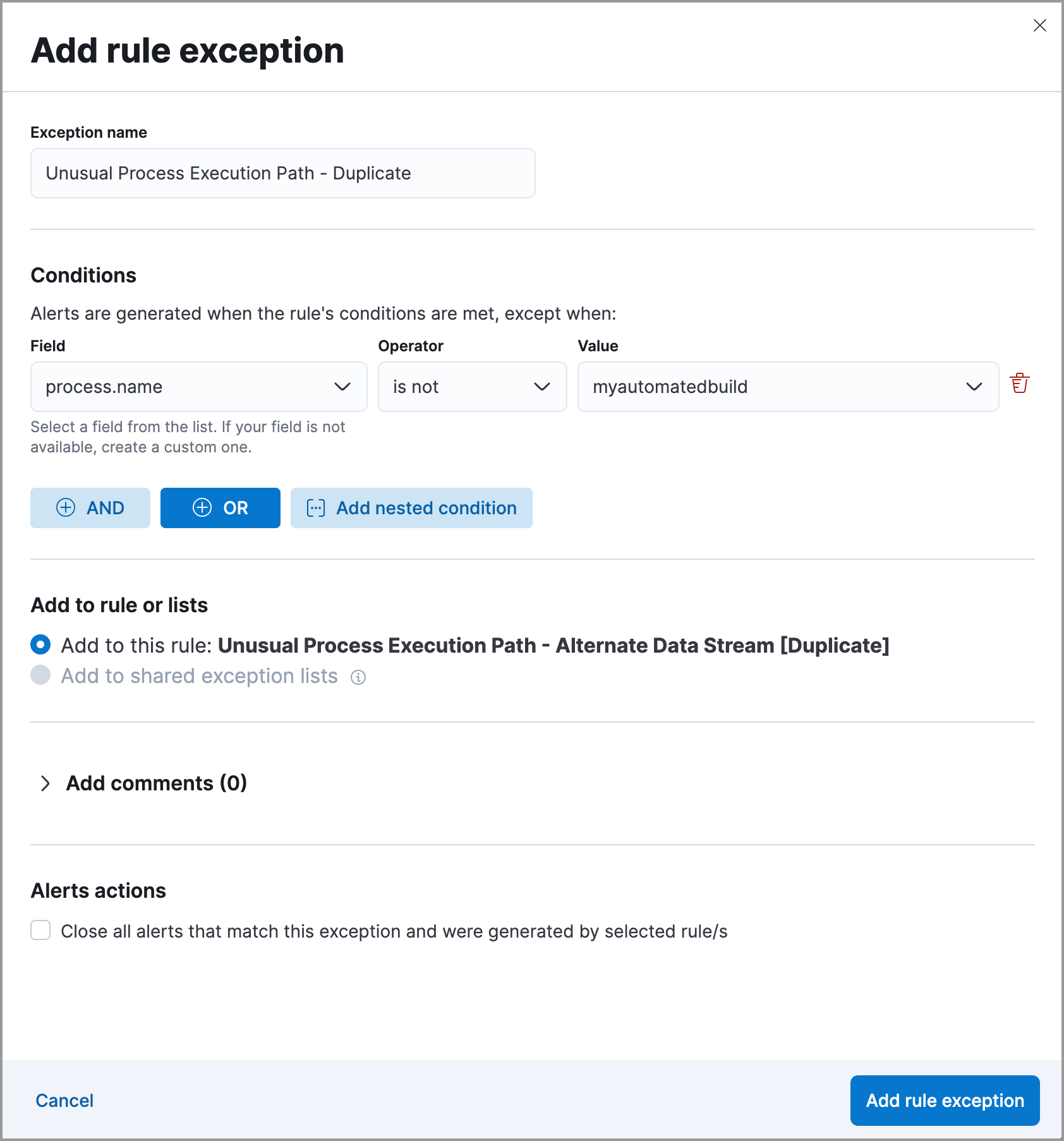 Example of `is not` exception in the Add Rule Exception UI