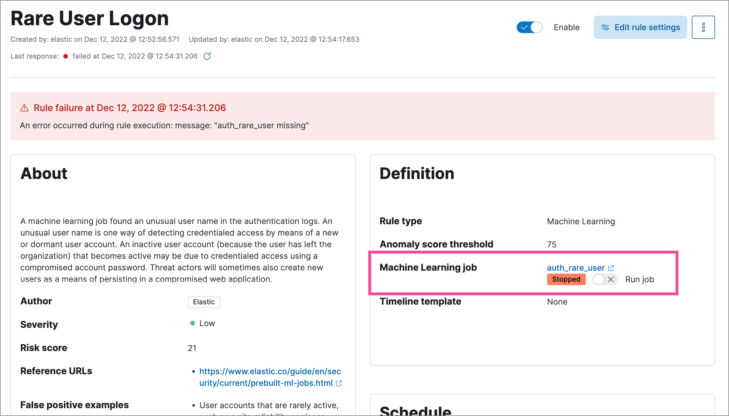 Rule details page with ML job stopped