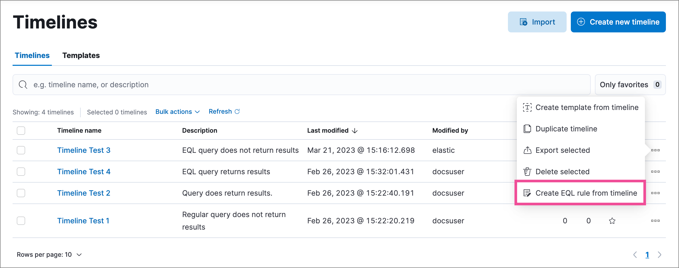 Timelines page with Create EQL rule from timeline option