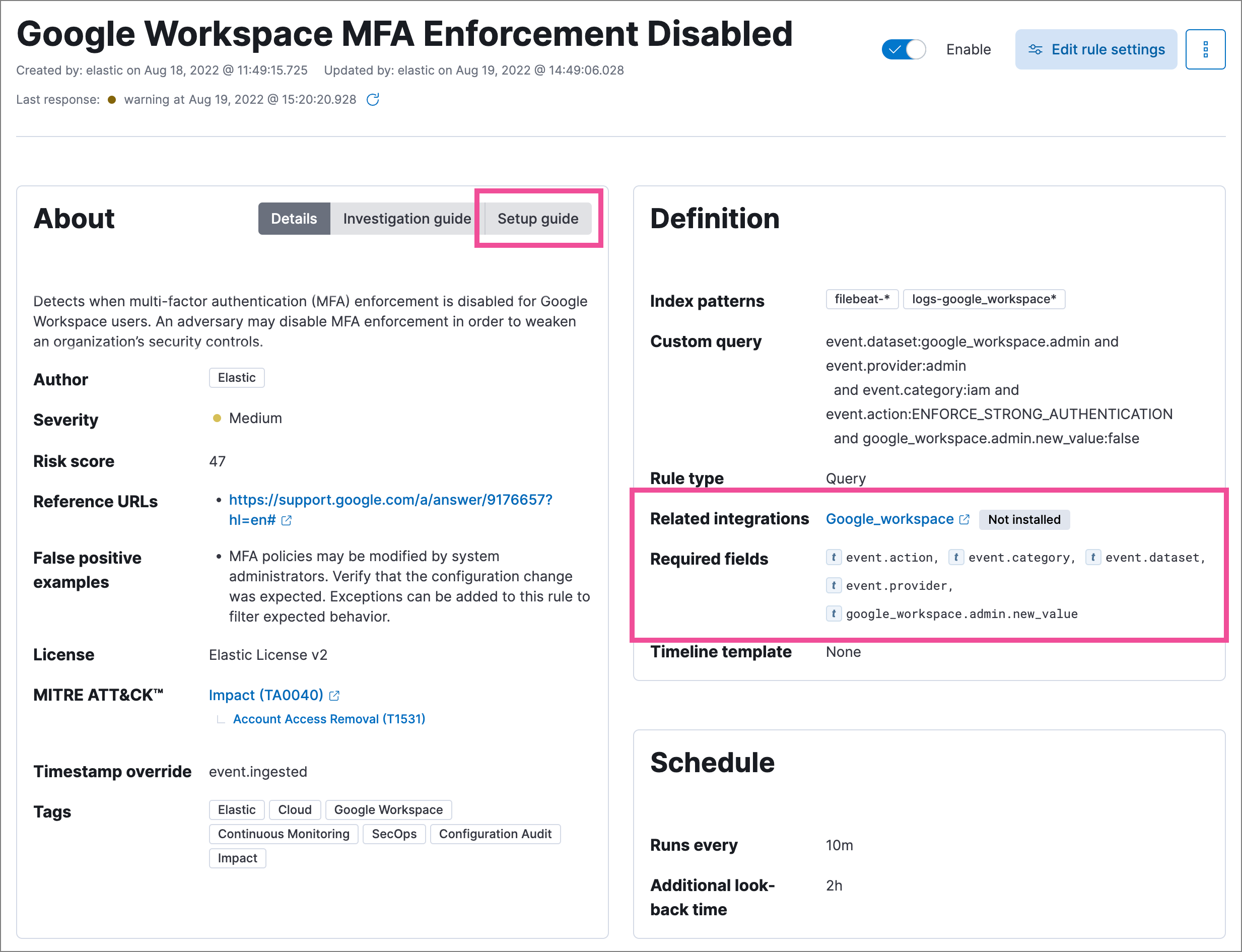 Rule details page with Related integrations