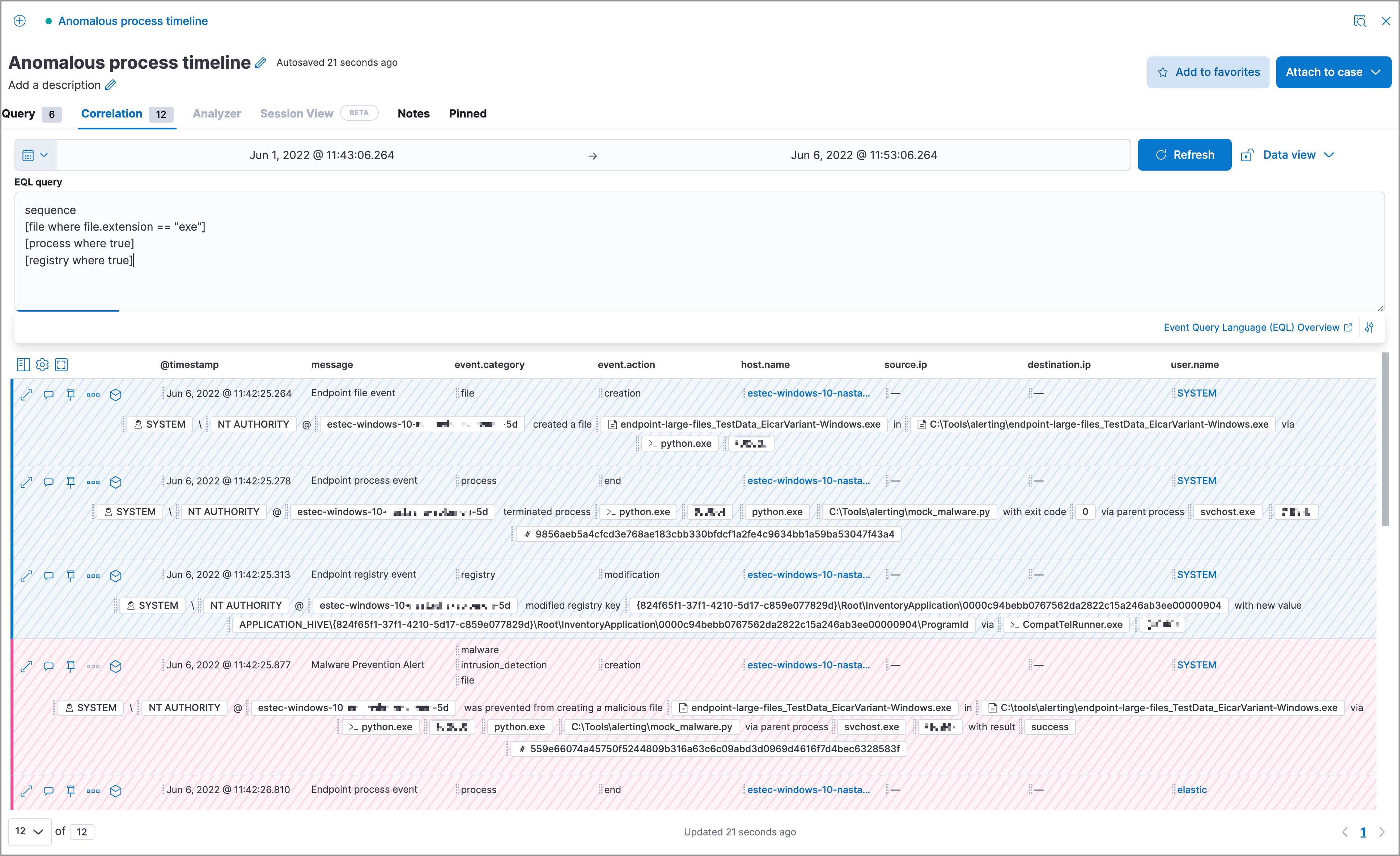 a Timeline’s correlation tab