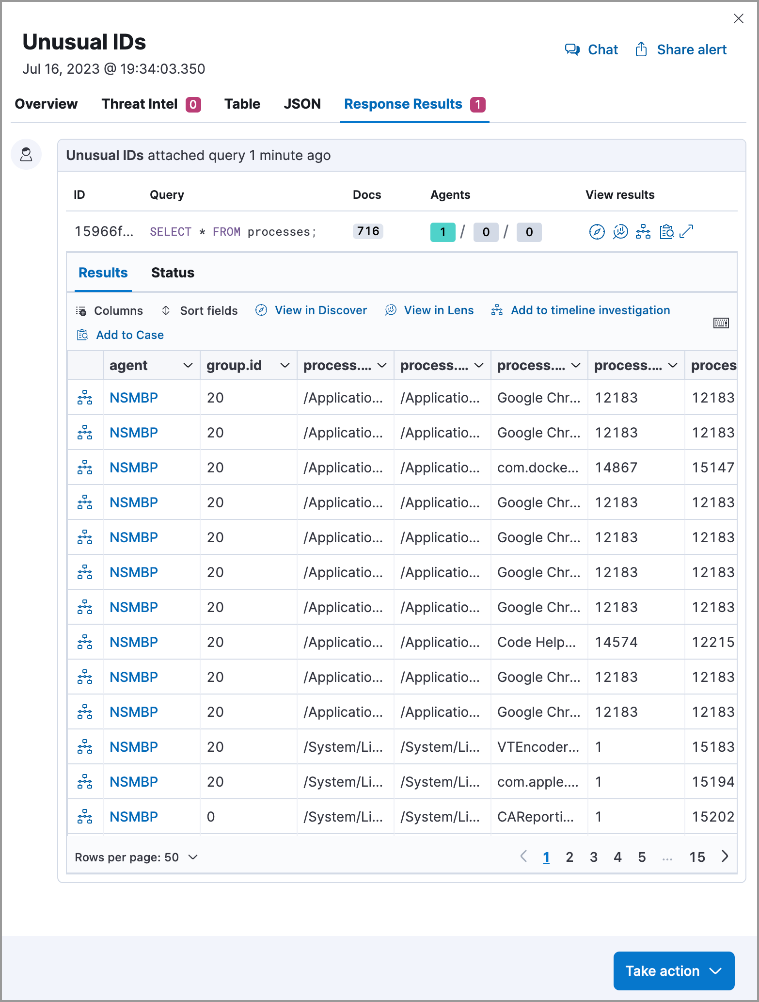 osquery results tab