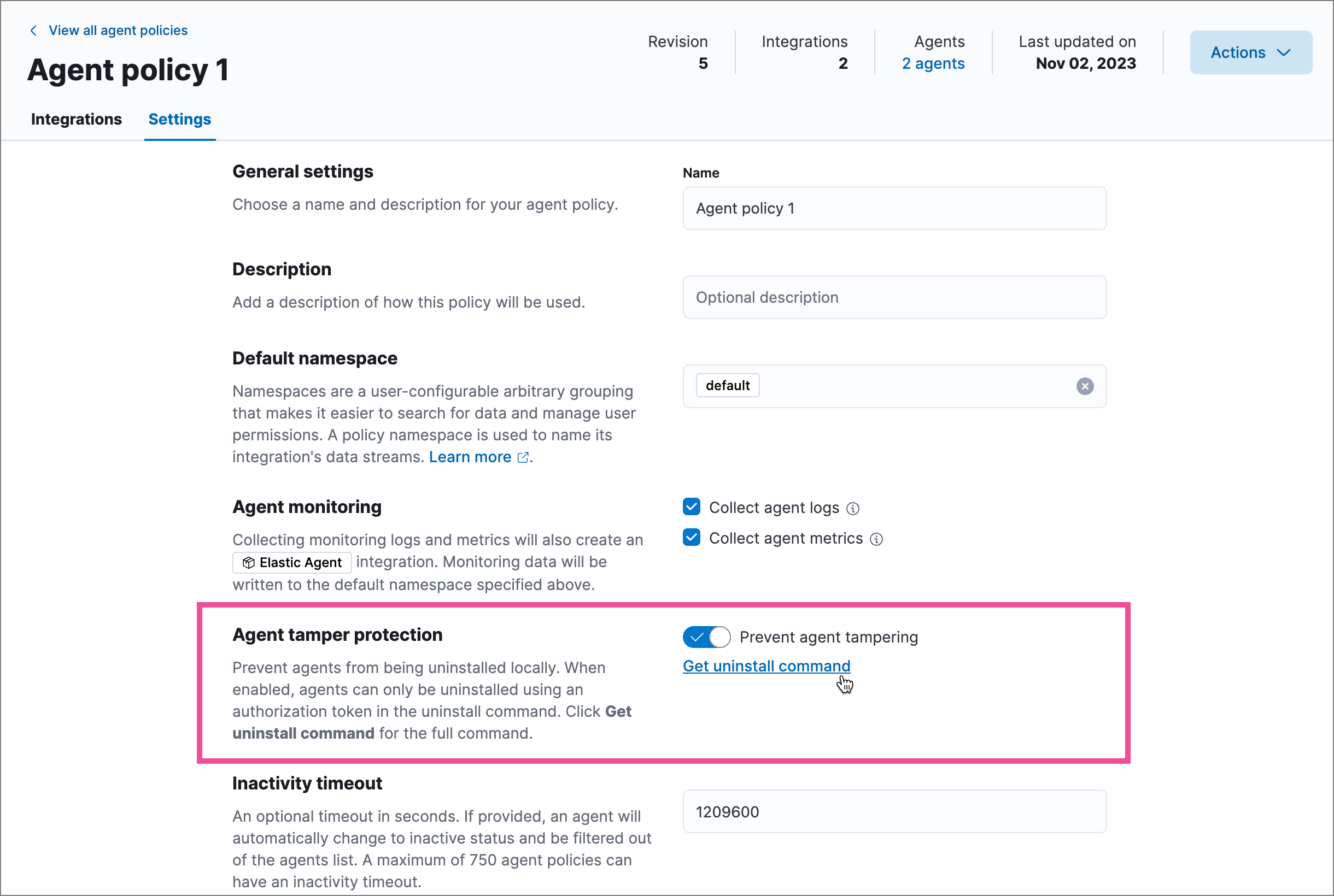 Agent tamper protection setting highlighted on Agent policy settings page