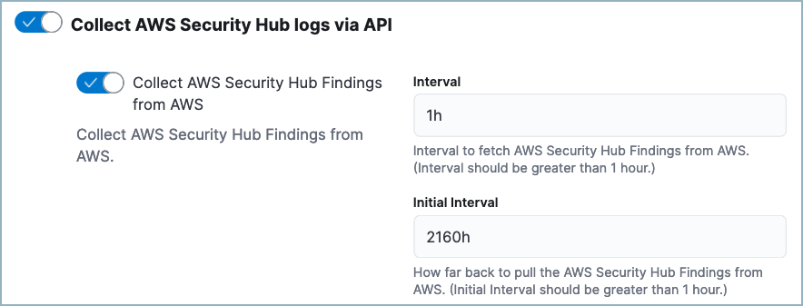 AWS Security Hub integration settings showing the findings toggle