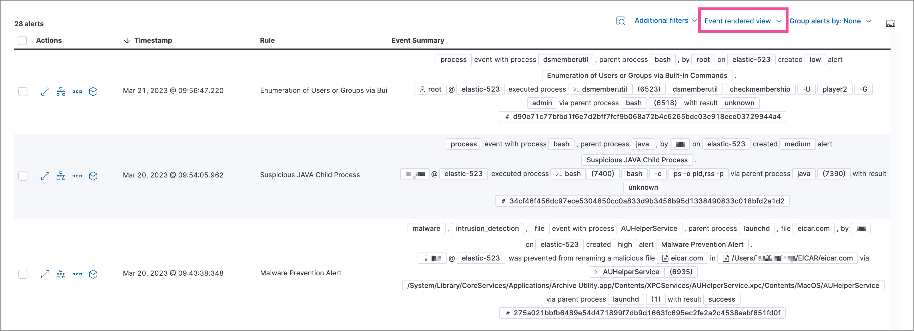 Alerts table with the Event rendered view enabled