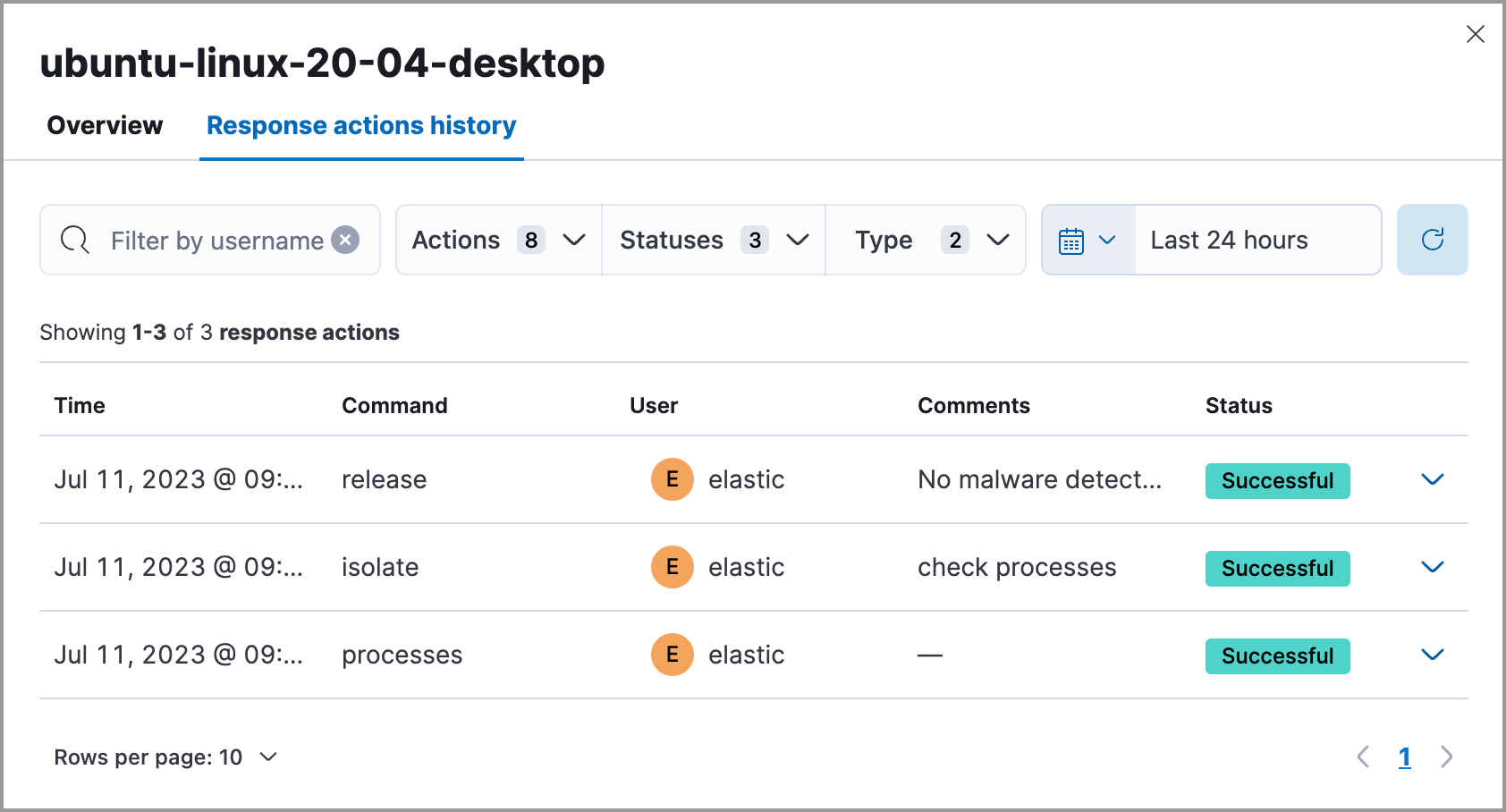 Response actions history with a few past actions