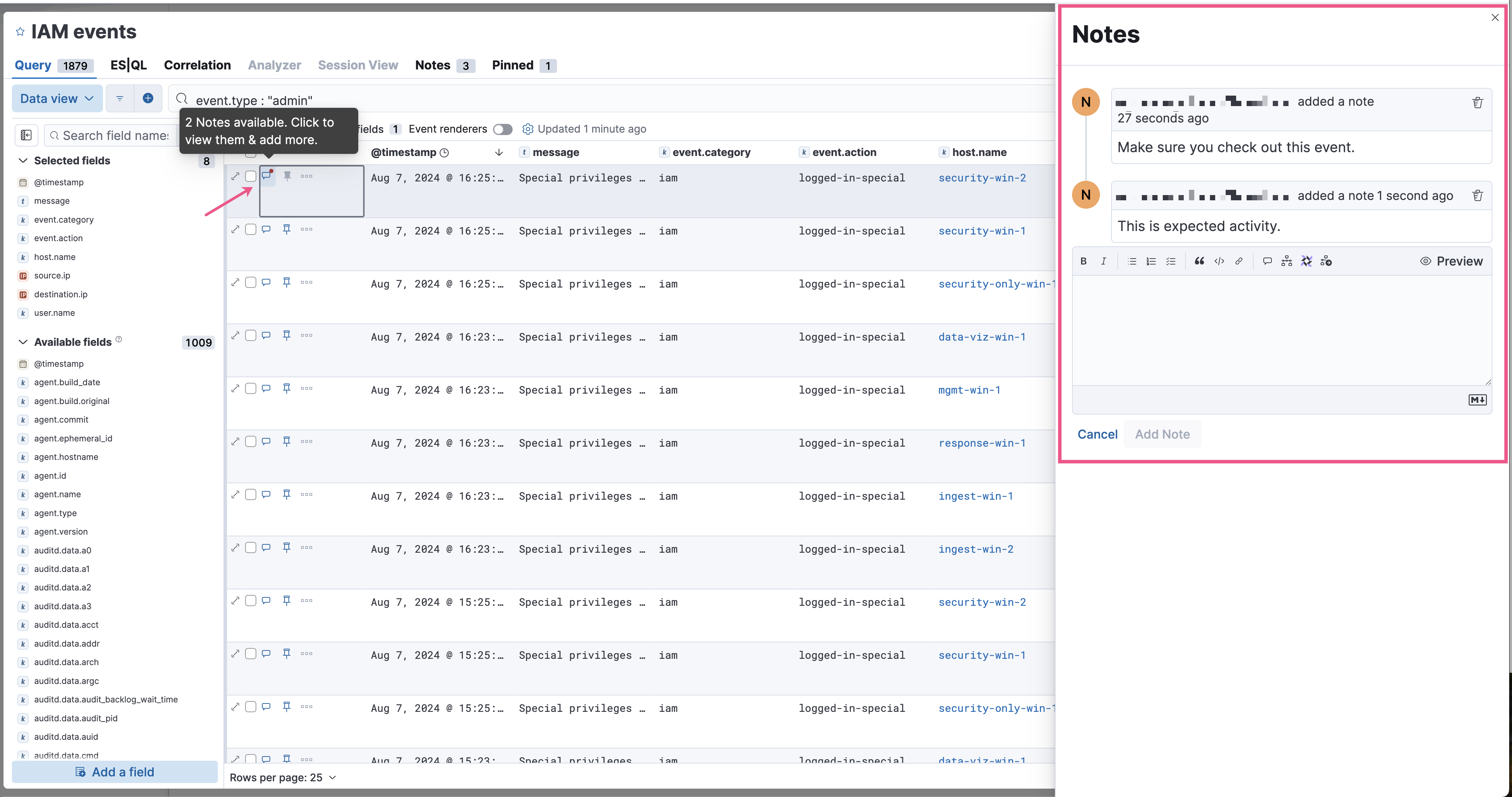 Example Timeline with the notes flyout highlighted