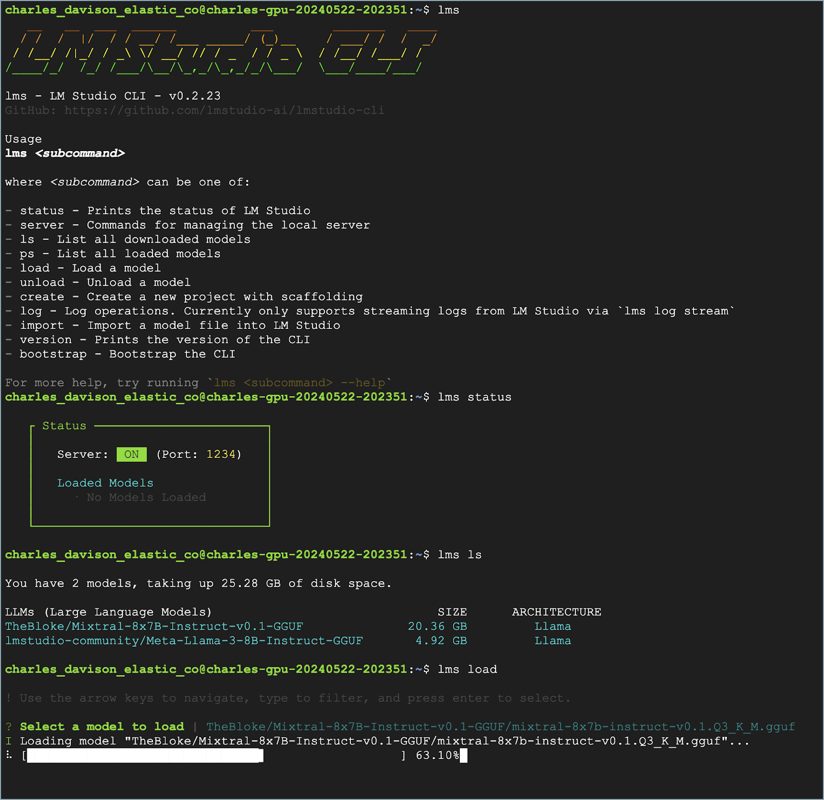 The CLI interface during execution of initial LM Studio commands