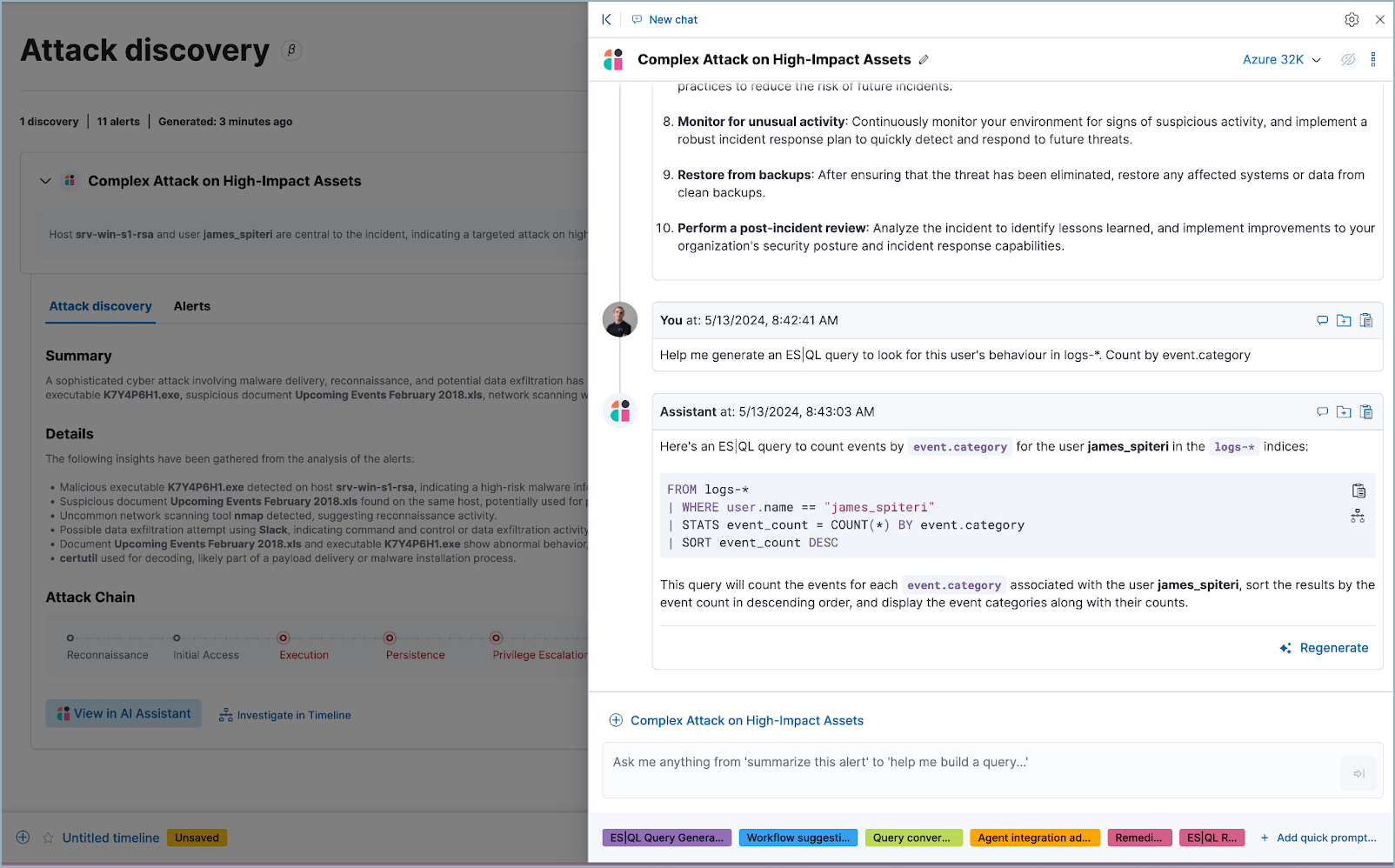 An AI Assistant dialogue in which the user asks for a purpose-built ES|QL query