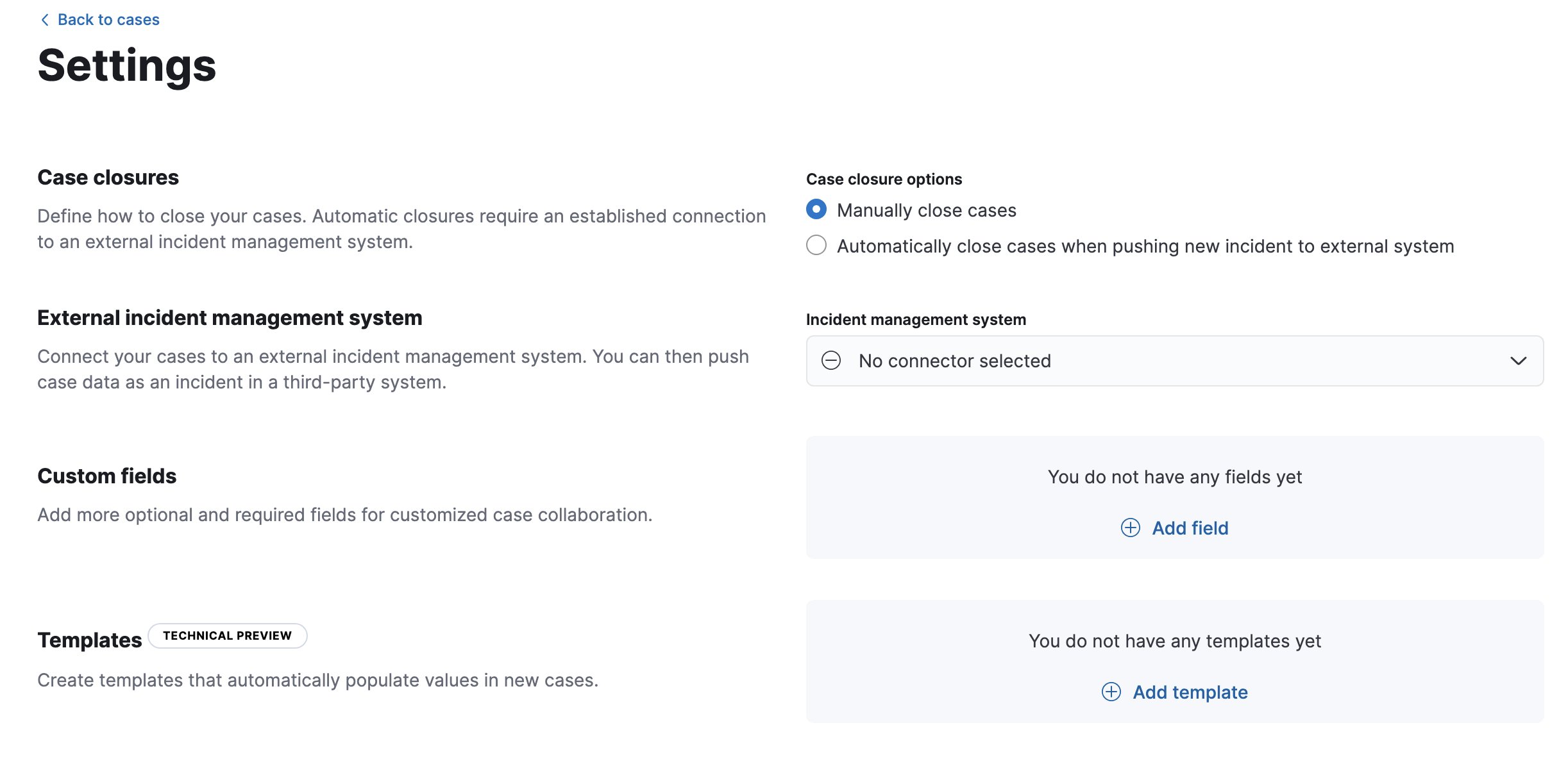 Shows the case settings page