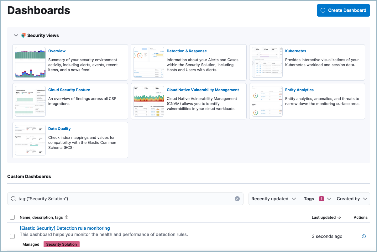 The dashboards landing page