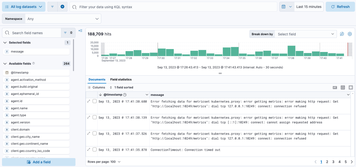 Logs Explorer showing log events