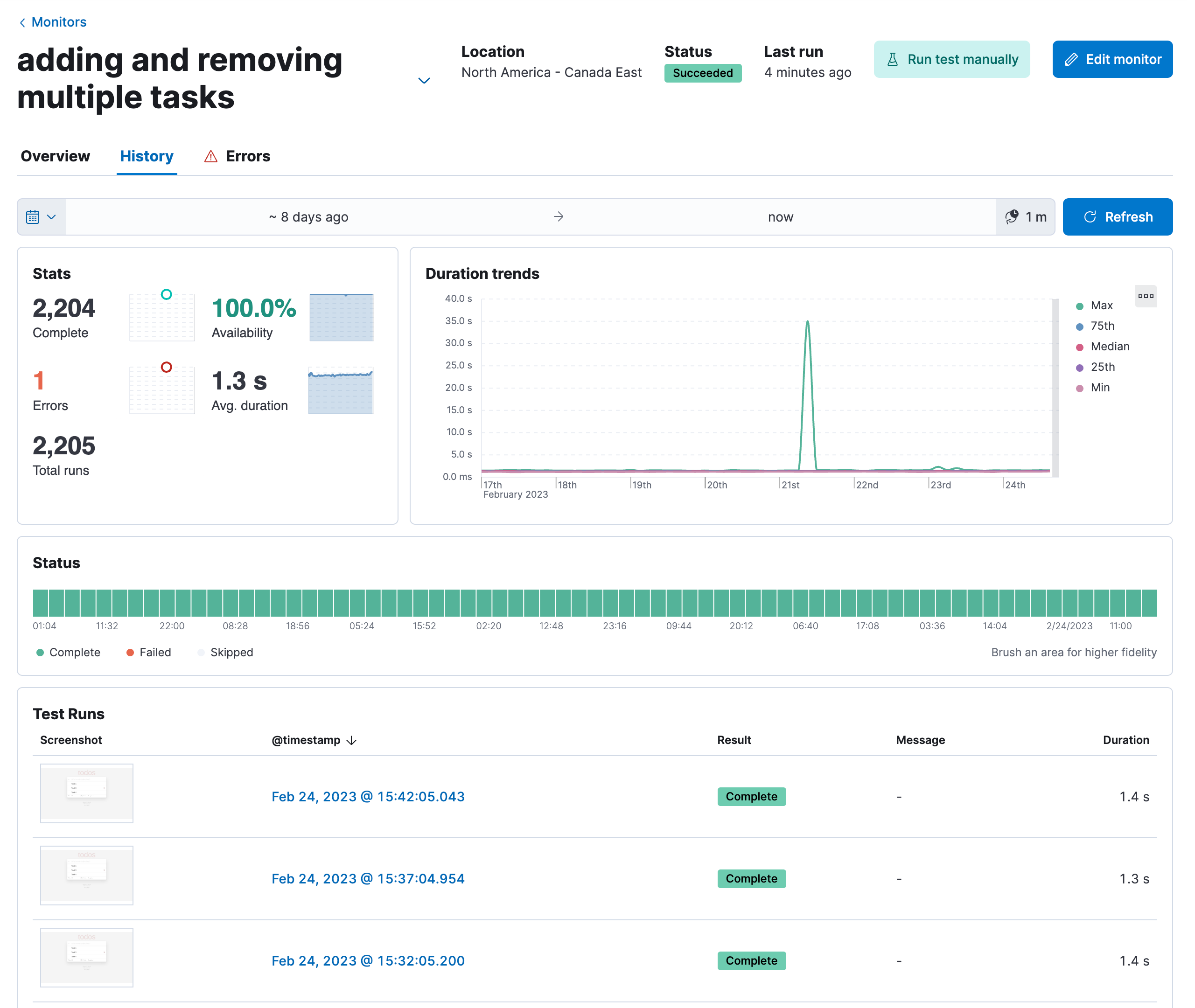 The History tab on the individual monitor page for all monitor types in the Synthetics UI